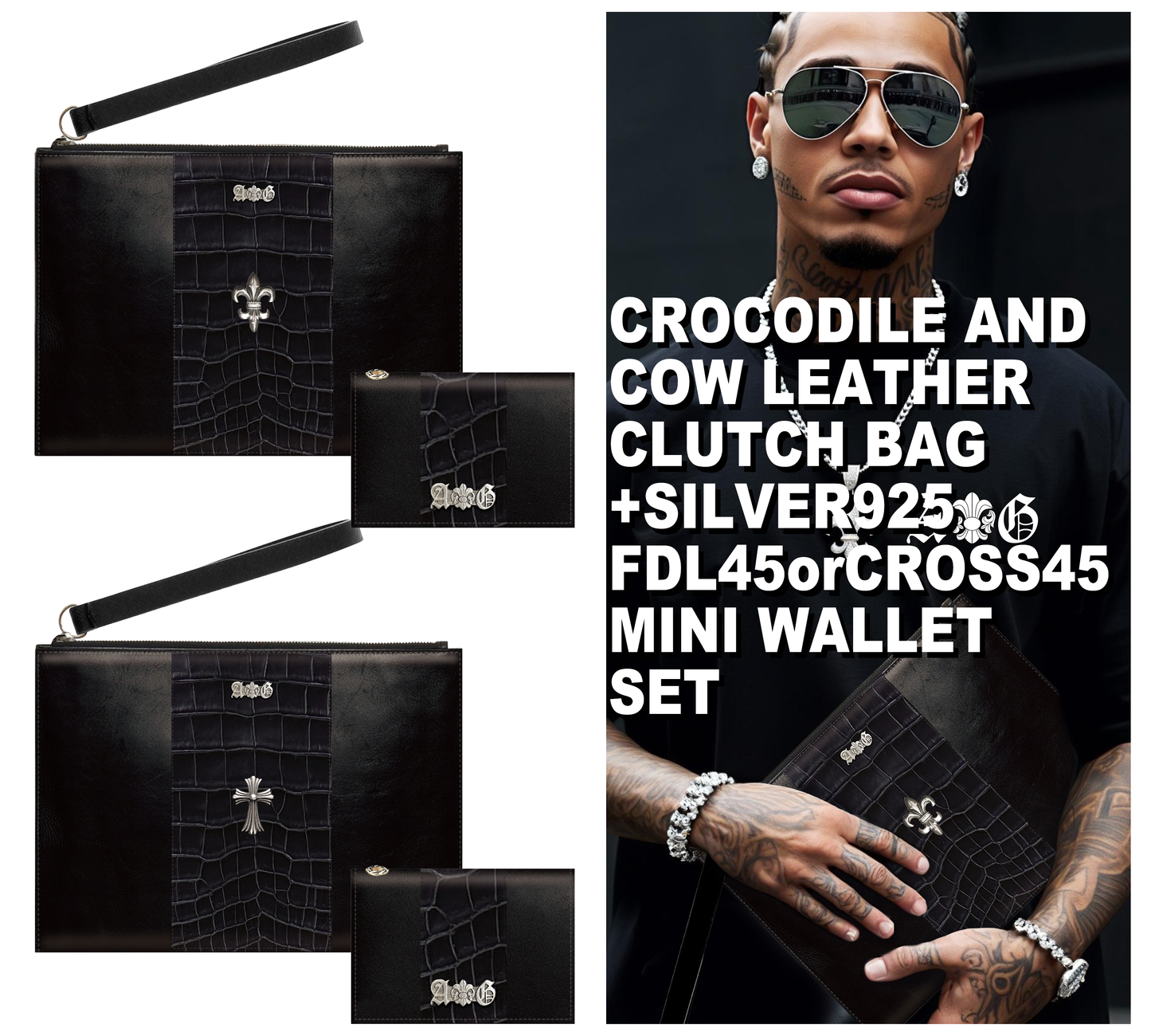 【セット販売】【受注予約限定3個】A&G15th CROCODILE & COW CLUTCH BAG+FDL45orCROSS45 & MINI WALLET SET