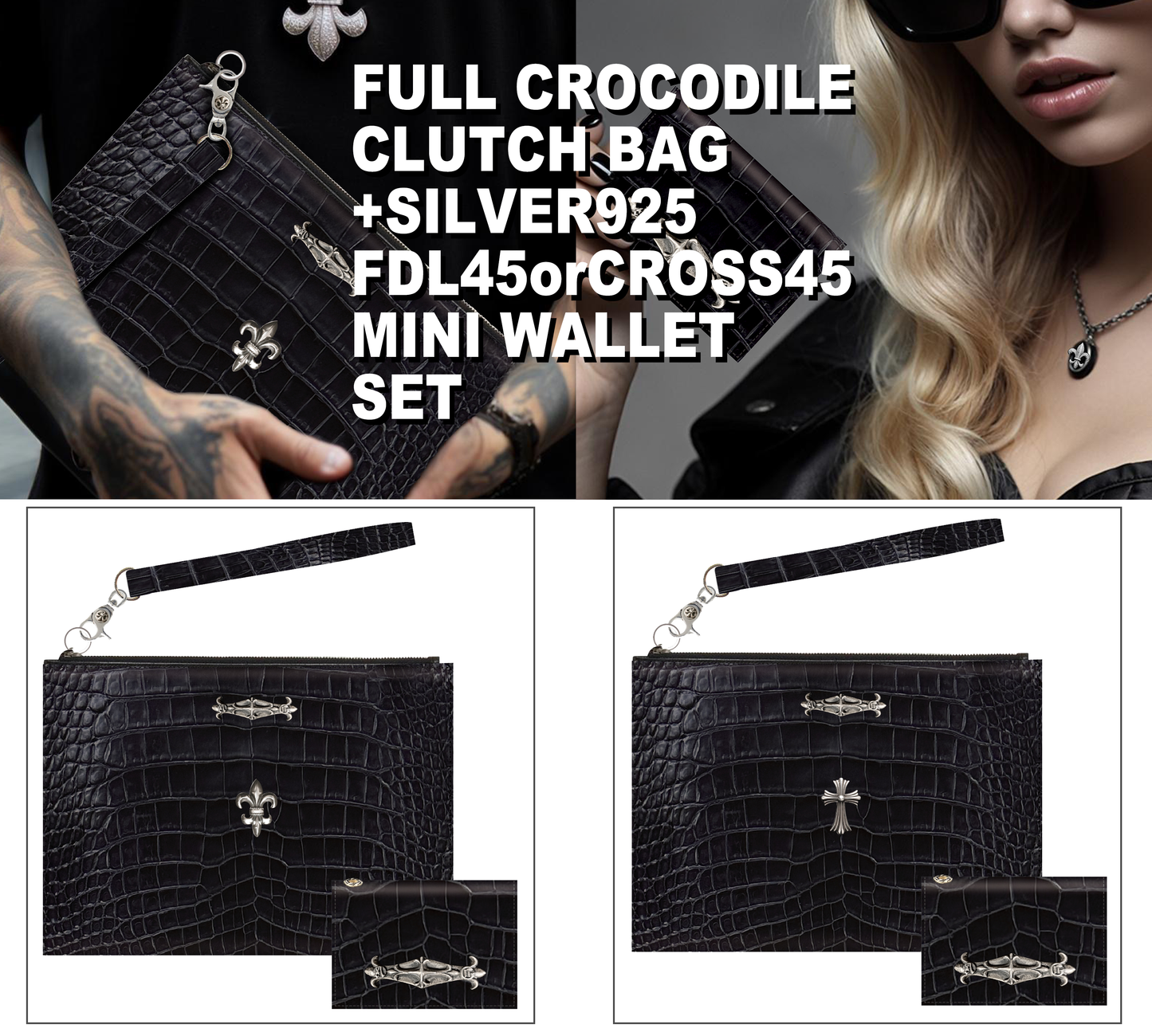 【セット販売】【受注予約限定3個】A&G15th FULL CROCODILE CLUTCH BAG+FDL45orCROSS45 & MINI WALLET SET