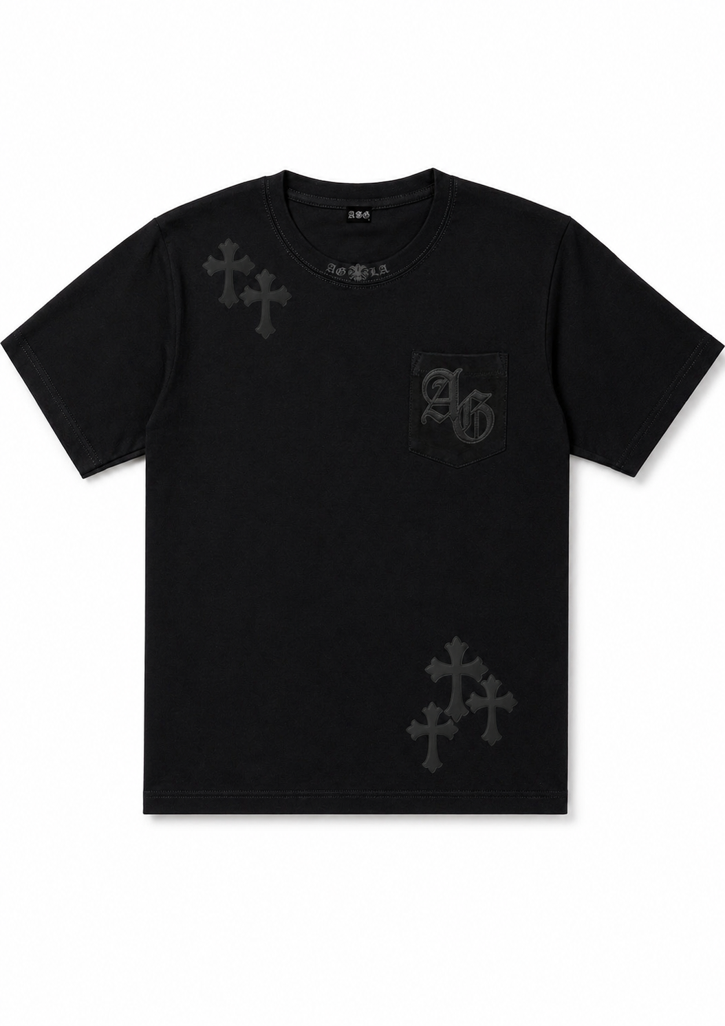A&G【受注】LEATHER PATCH CROSS TEE/BK