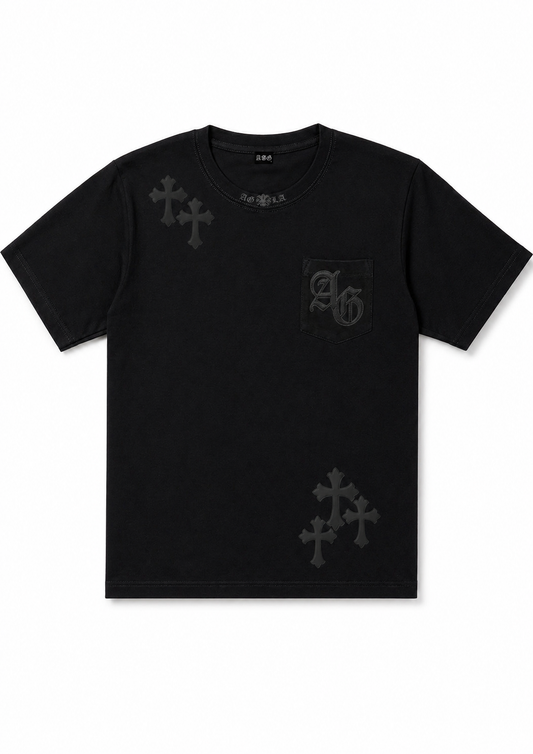 A&G【受注】LEATHER PATCH CROSS TEE/BK