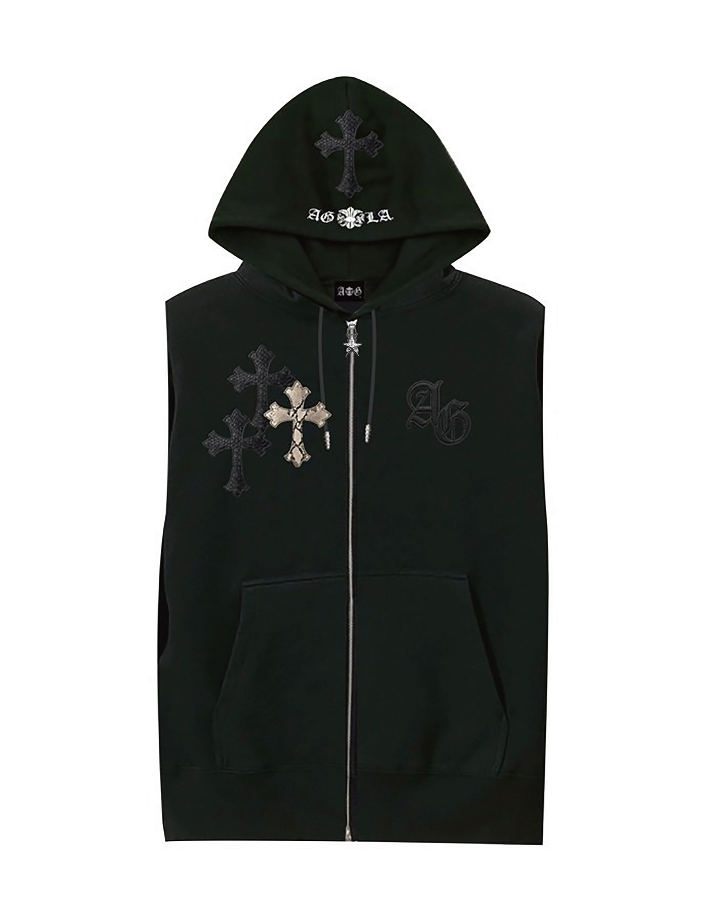 A&G【受注】NO SLEEVE HOODIE BLACK/CROSS