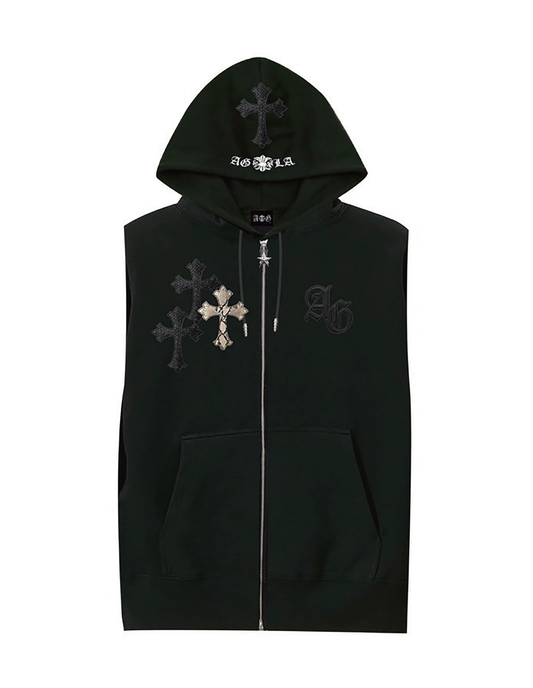 A&G【受注】NO SLEEVE HOODIE BLACK/CROSS