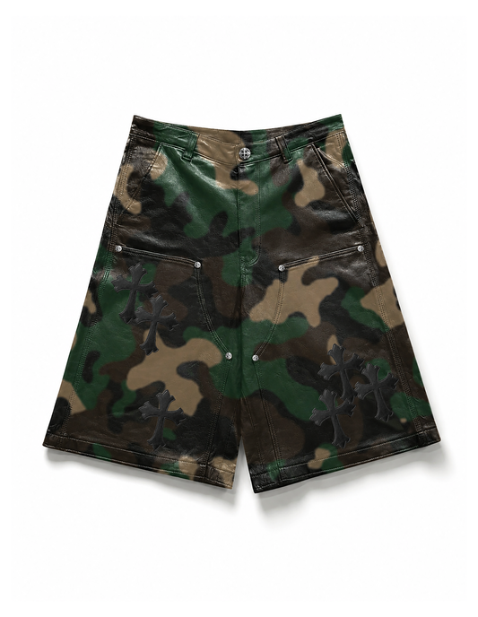 A&G【受注】CAMO LEATHER SHORTS/CROSS/BK