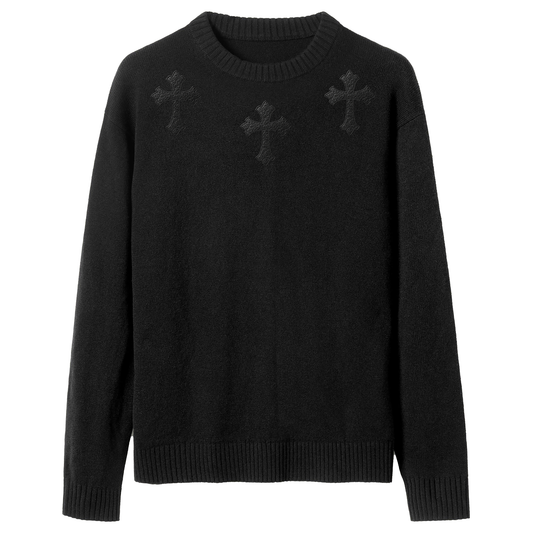 A&G【受注】CASHMERE&WOOL CREW NECK SWEATER CROSS BLACK(LIMITED)