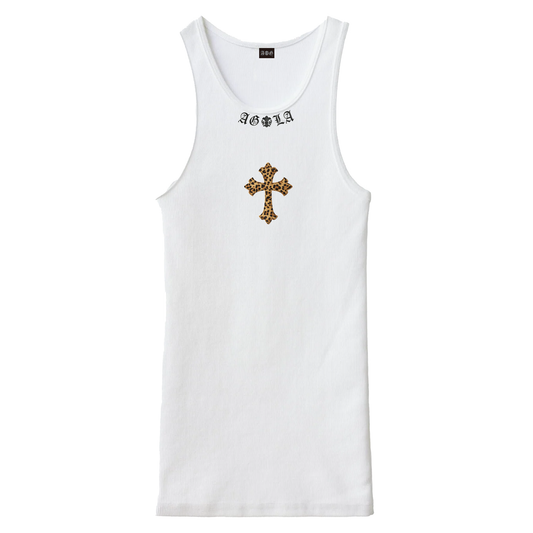 A&G【受注】LEATHER PATCH TANK CROSS/WH/LEOPARD